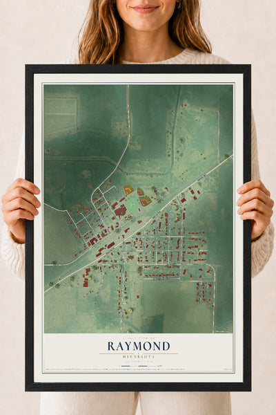Map of Raymond, Minnesota, 18 x 24 inch print in a black wood frame