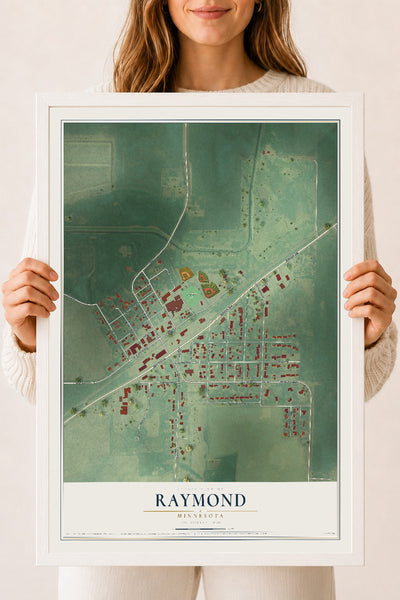 Map of Raymond, Minnesota, 18 x 24 inch print in a white wood frame