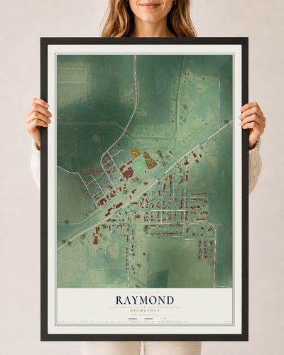 Map of Raymond, Minnesota, 24 x 36 inch print in a black wood frame