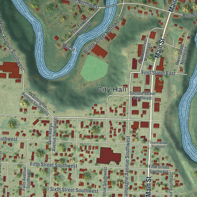 Close-up of the map of Red Lake Falls, Minnesota print showing street and building detail