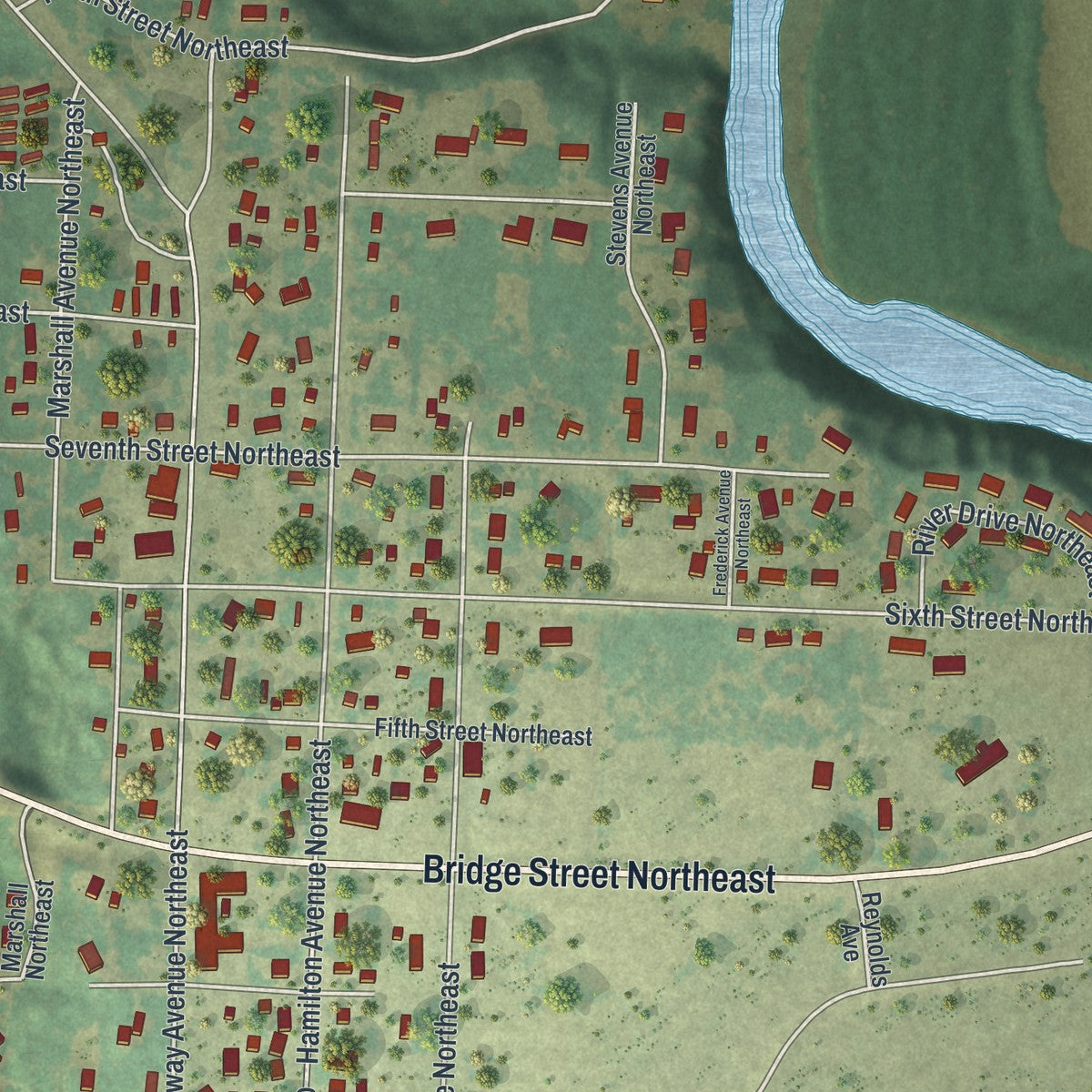 Second close-up of the map of Red Lake Falls, Minnesota print showing more streets and buildings