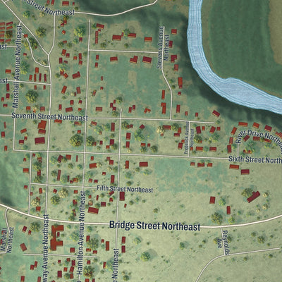 Second close-up of the map of Red Lake Falls, Minnesota print showing more streets and buildings