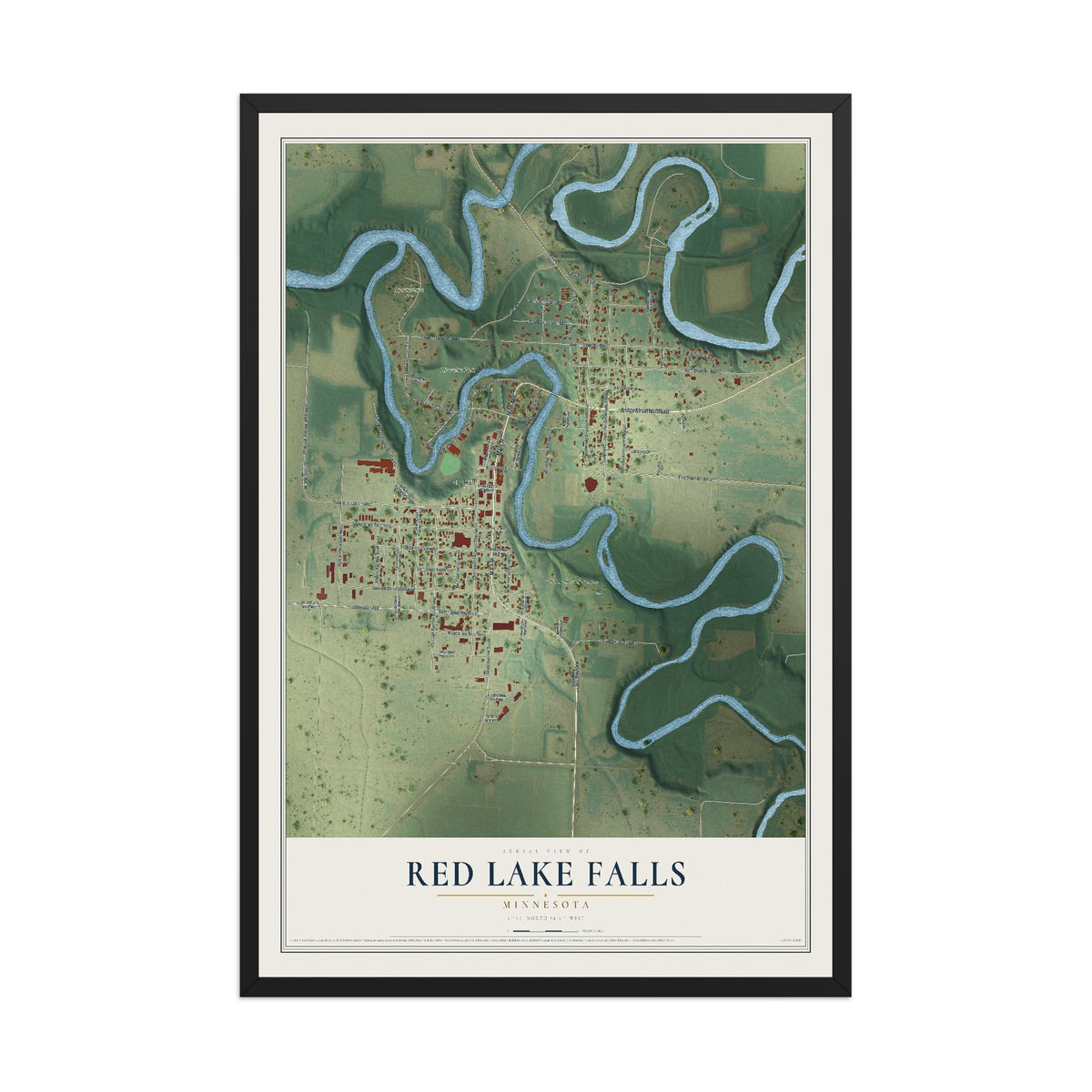 Map of Red Lake Falls, Minnesota, 12 x 18 inch print in a black wood frame