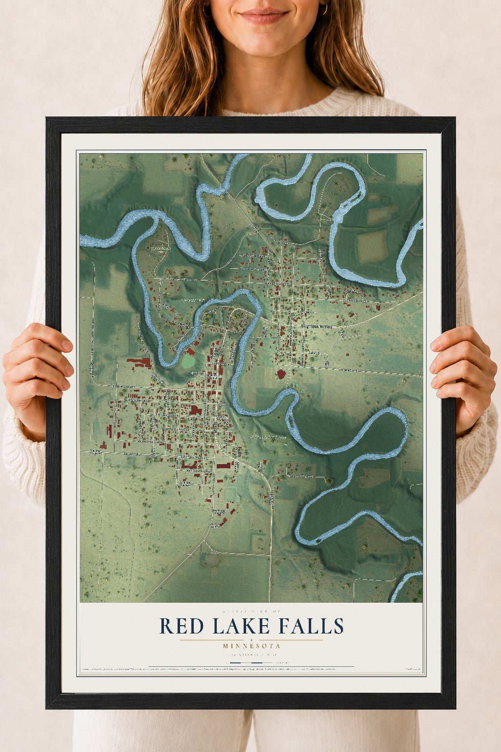 Map of Red Lake Falls, Minnesota, 18 x 24 inch print in a black wood frame