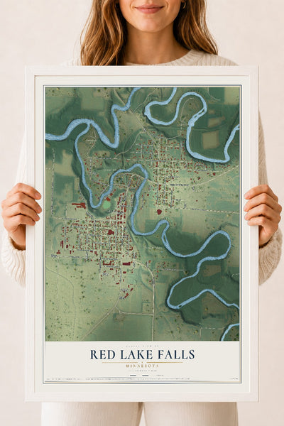 Map of Red Lake Falls, Minnesota, 18 x 24 inch print in a white wood frame