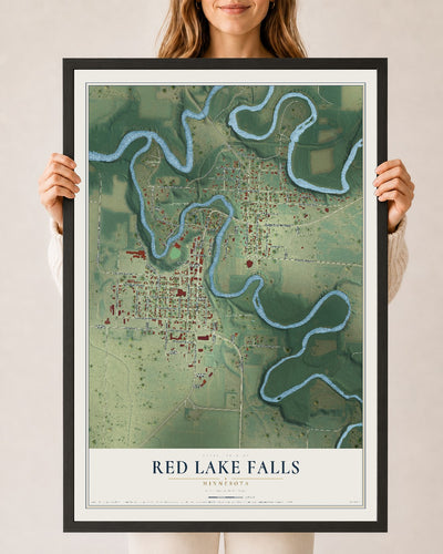 Map of Red Lake Falls, Minnesota, 24 x 36 inch print in a black wood frame