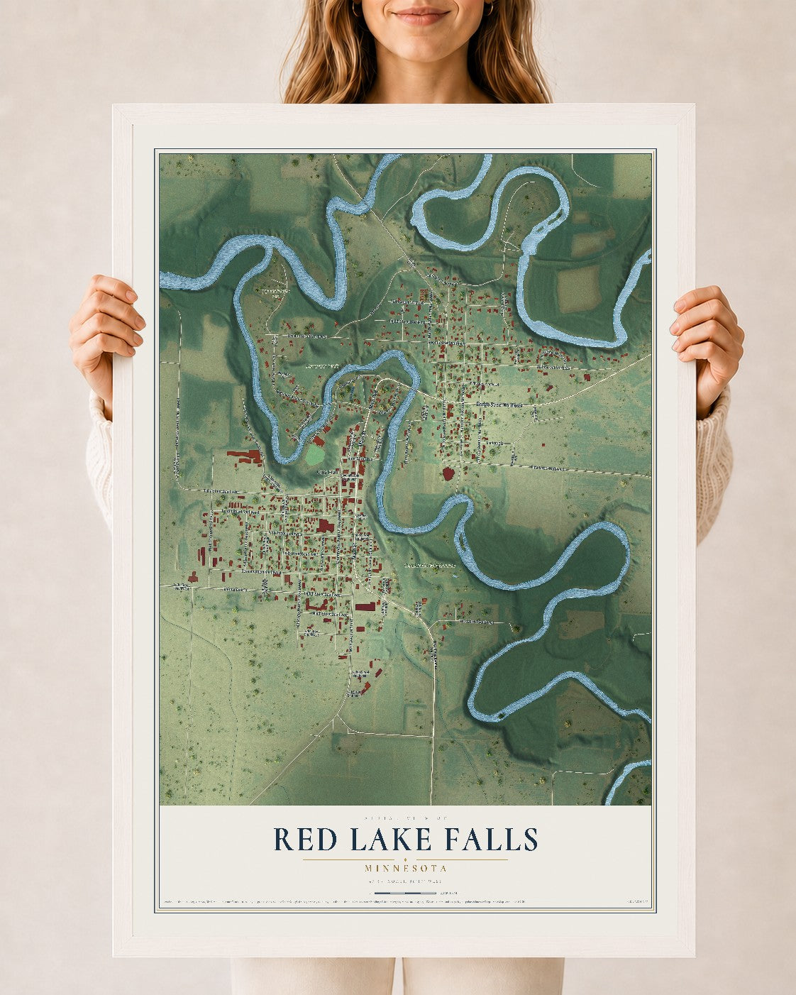 Map of Red Lake Falls, Minnesota, 24 x 36 inch print in a white wood frame