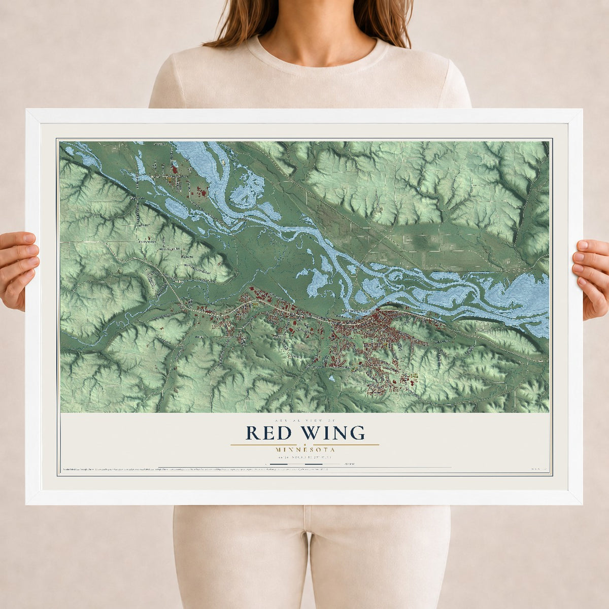 Map of Red Wing, Minnesota, 18 x 24 inch print in a white wood frame