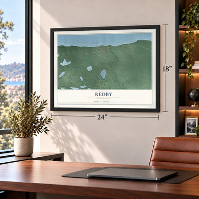 Redby, Minnesota map, 18 x 24 inch print in a black frame in a home office