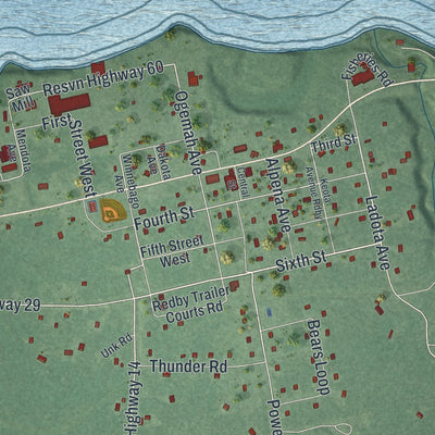 Close-up of the map of Redby, Minnesota print showing street and building detail