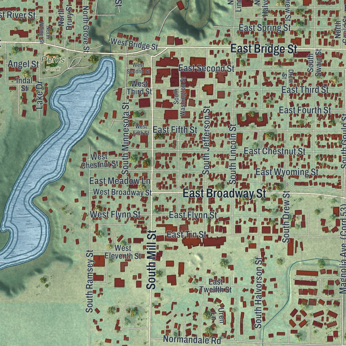 Close-up of the map of Redwood Falls, Minnesota print showing street and building detail