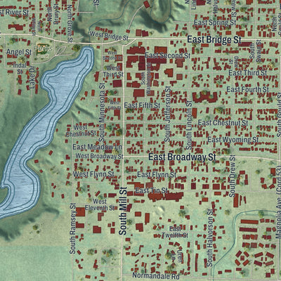 Close-up of the map of Redwood Falls, Minnesota print showing street and building detail