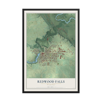 Map of Redwood Falls, Minnesota, 12 x 18 inch print in a black wood frame
