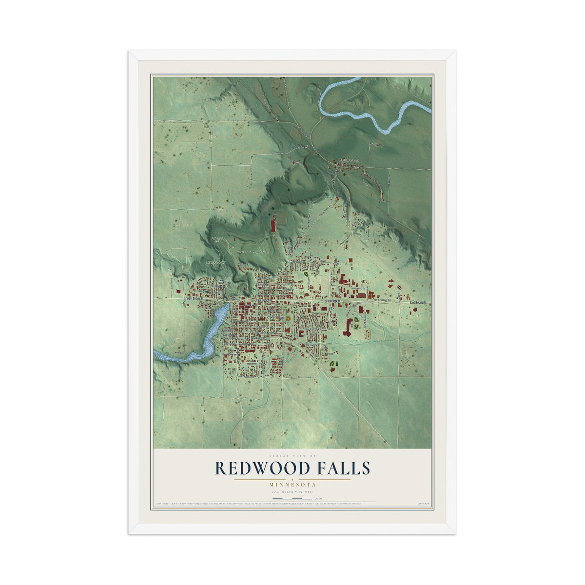 Map of Redwood Falls, Minnesota, 12 x 18 inch print in a white wood frame