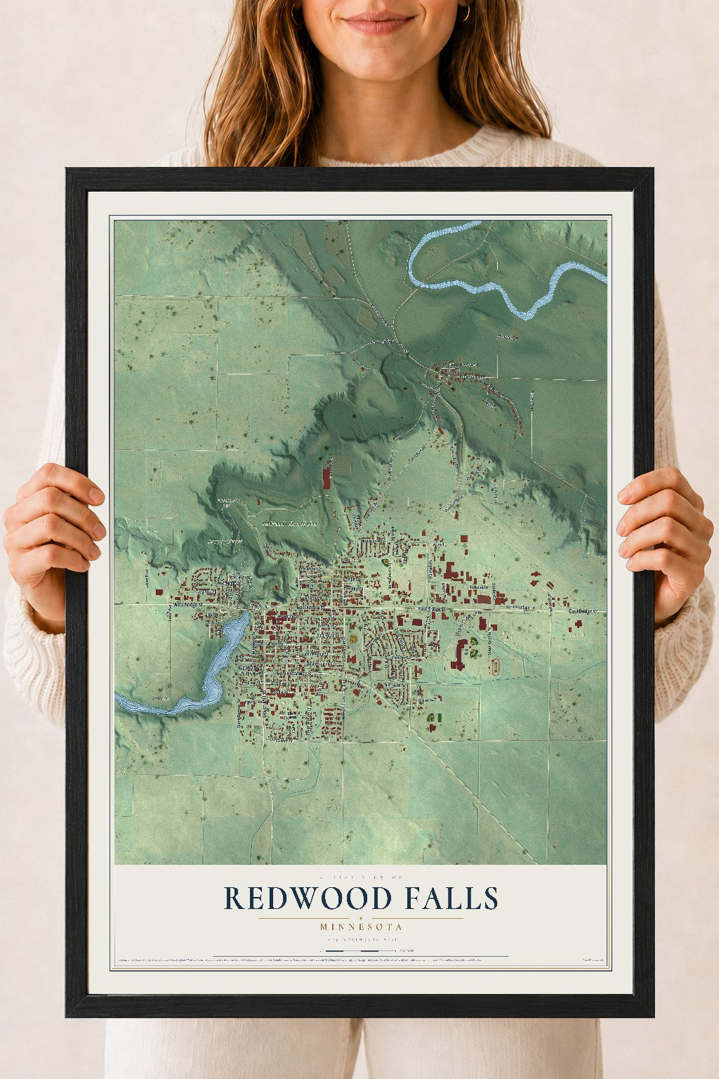 Map of Redwood Falls, Minnesota, 18 x 24 inch print in a black wood frame