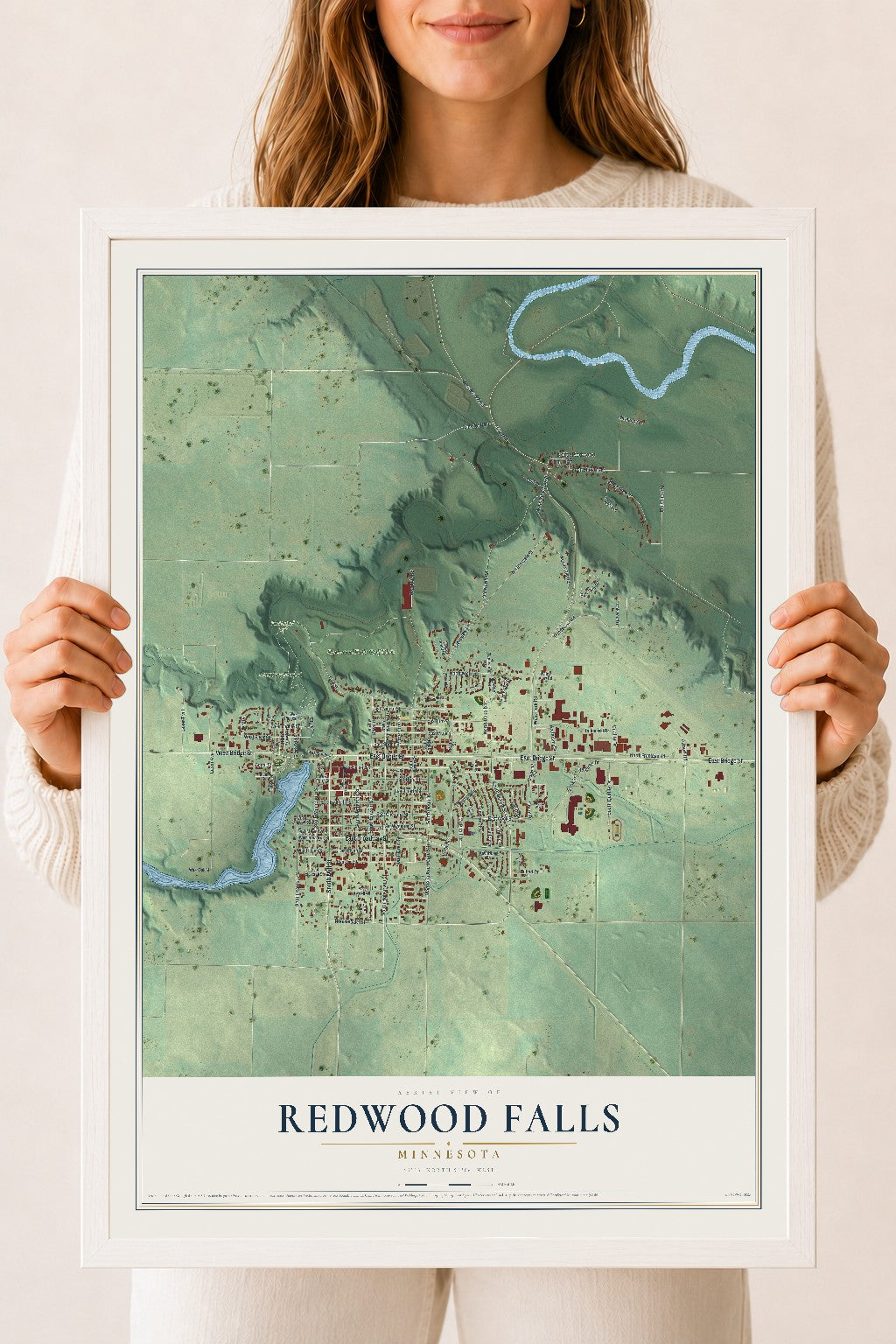 Map of Redwood Falls, Minnesota, 18 x 24 inch print in a white wood frame