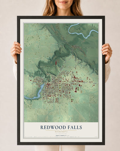Map of Redwood Falls, Minnesota, 24 x 36 inch print in a black wood frame