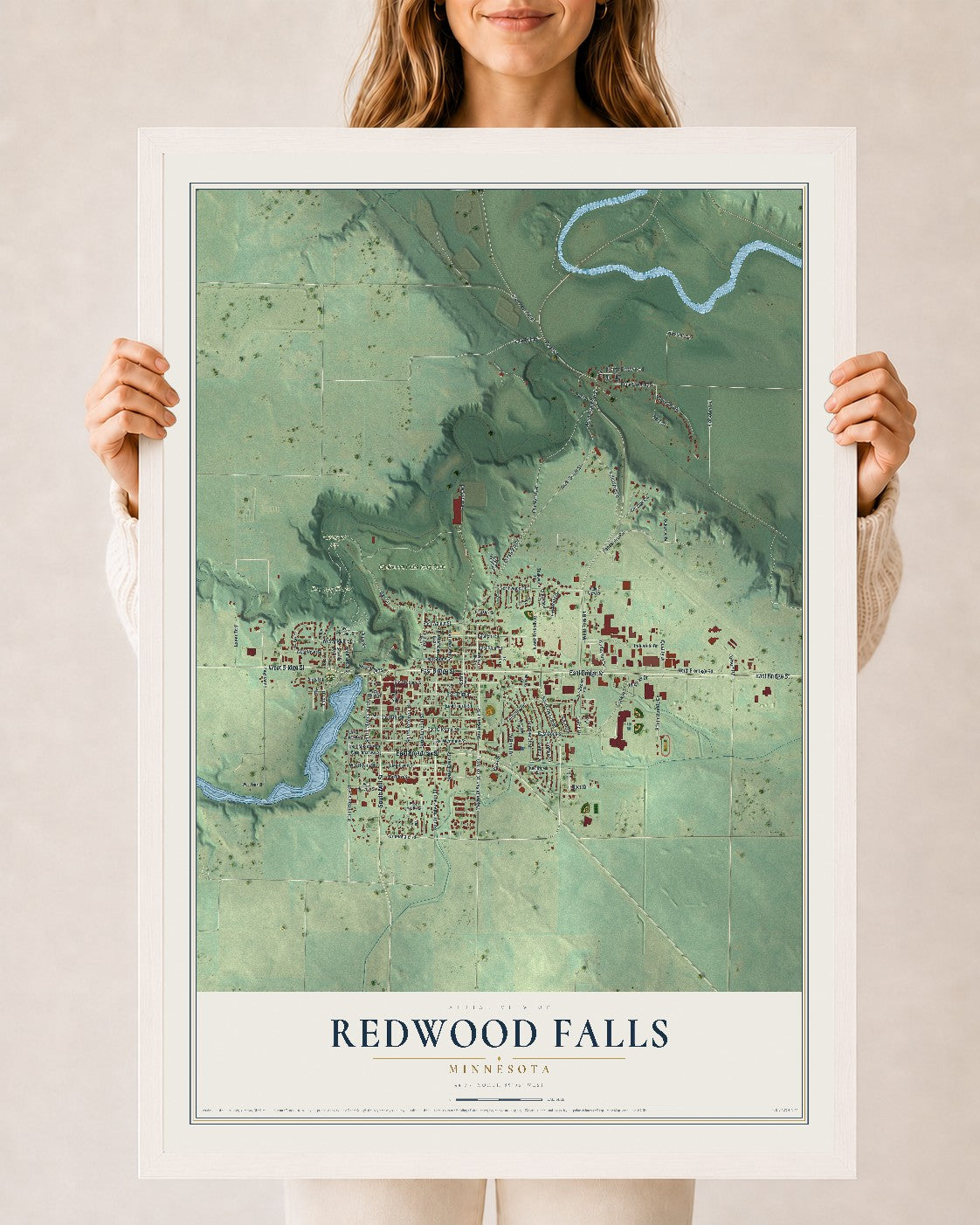 Map of Redwood Falls, Minnesota, 24 x 36 inch print in a white wood frame