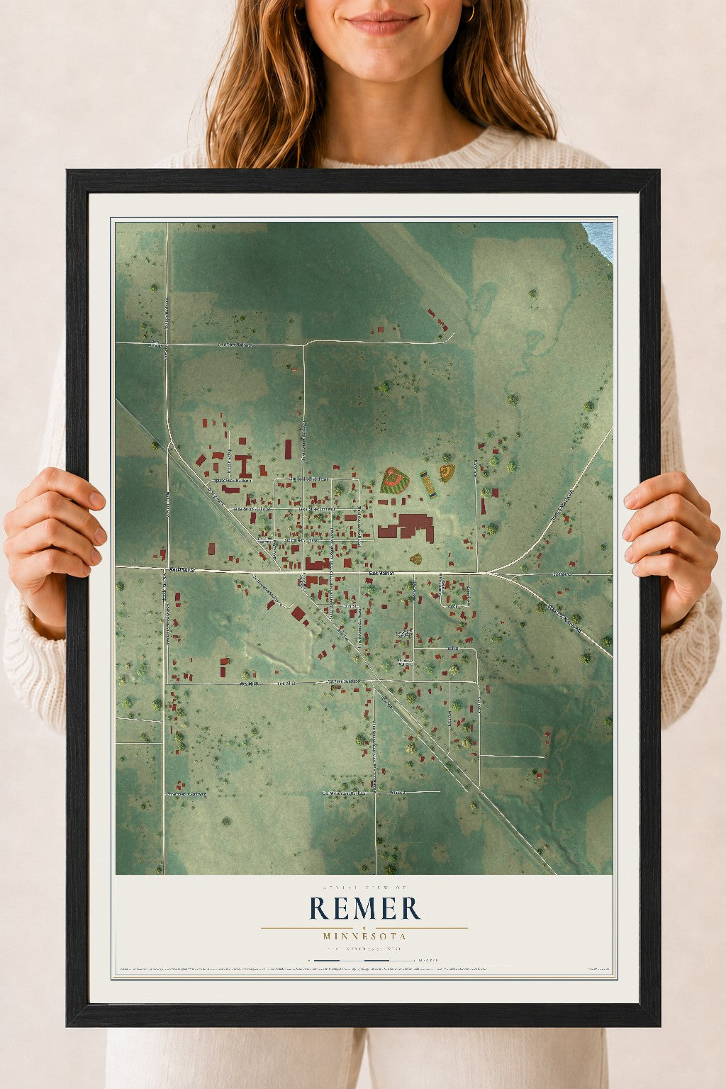 Map of Remer, Minnesota, 18 x 24 inch print in a black wood frame