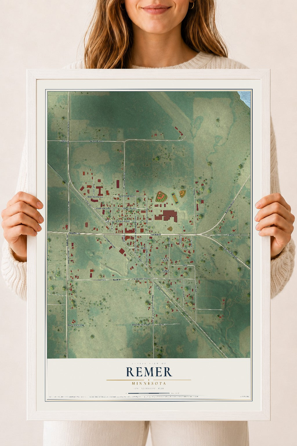 Map of Remer, Minnesota, 18 x 24 inch print in a white wood frame