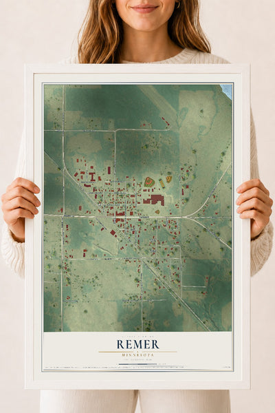 Map of Remer, Minnesota, 18 x 24 inch print in a white wood frame