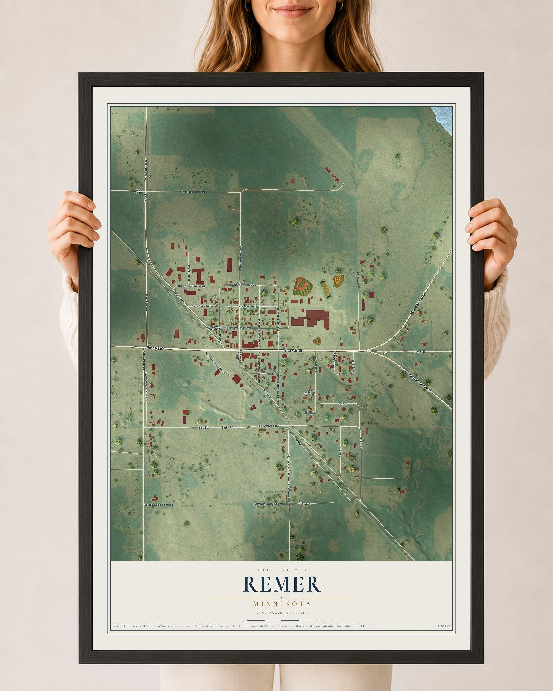 Map of Remer, Minnesota, 24 x 36 inch print in a black wood frame