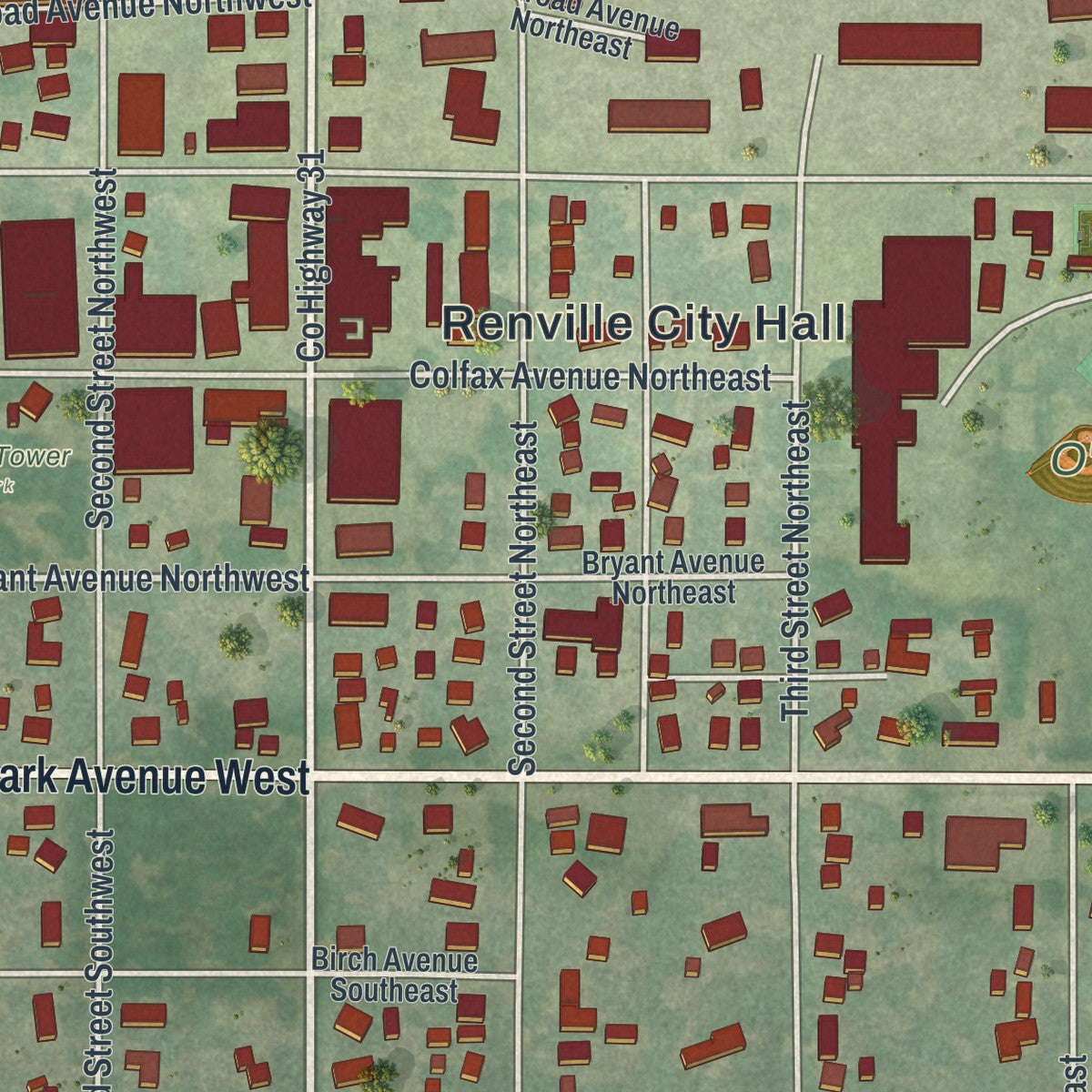 Close-up of the map of Renville, Minnesota print showing street and building detail