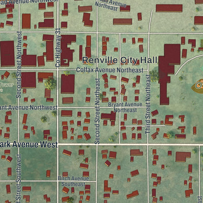 Close-up of the map of Renville, Minnesota print showing street and building detail