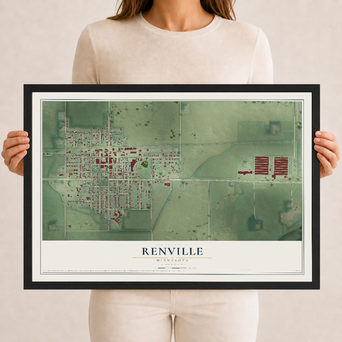 Map of Renville, Minnesota, 12 x 18 inch print in a black wood frame