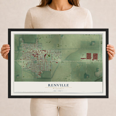 Map of Renville, Minnesota, 12 x 18 inch print in a black wood frame