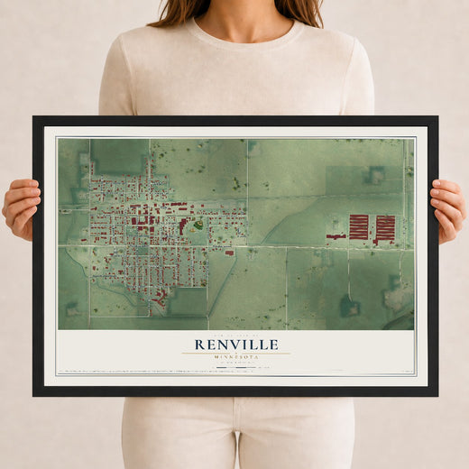 Map of Renville, Minnesota, 12 x 18 inch print in a black wood frame