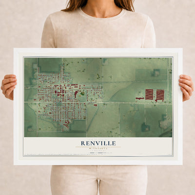 Map of Renville, Minnesota, 12 x 18 inch print in a white wood frame