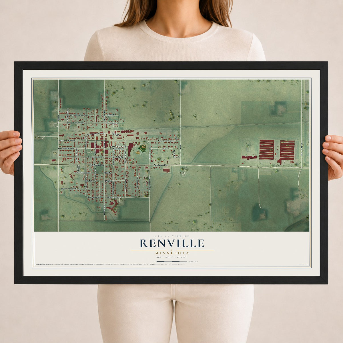 Map of Renville, Minnesota, 18 x 24 inch print in a black wood frame
