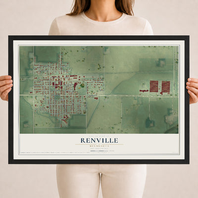 Map of Renville, Minnesota, 18 x 24 inch print in a black wood frame