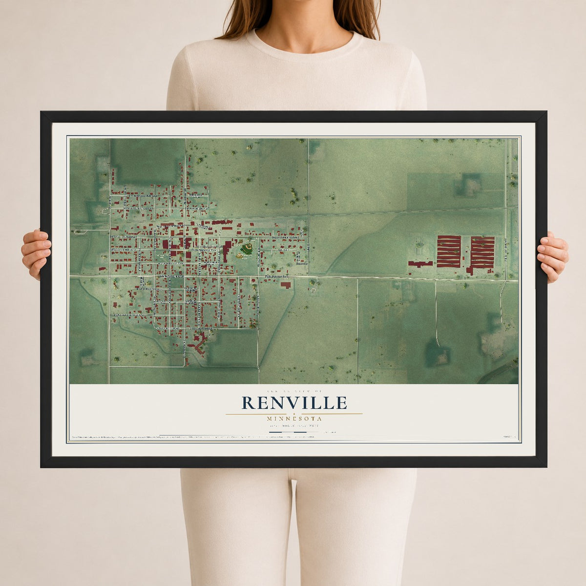 Map of Renville, Minnesota, 24 x 36 inch print in a black wood frame