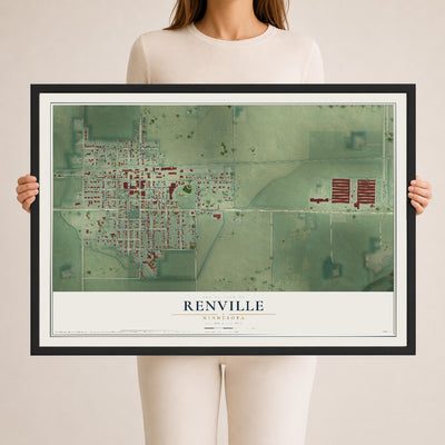 Map of Renville, Minnesota, 24 x 36 inch print in a black wood frame