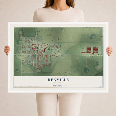 Map of Renville, Minnesota, 24 x 36 inch print in a white wood frame