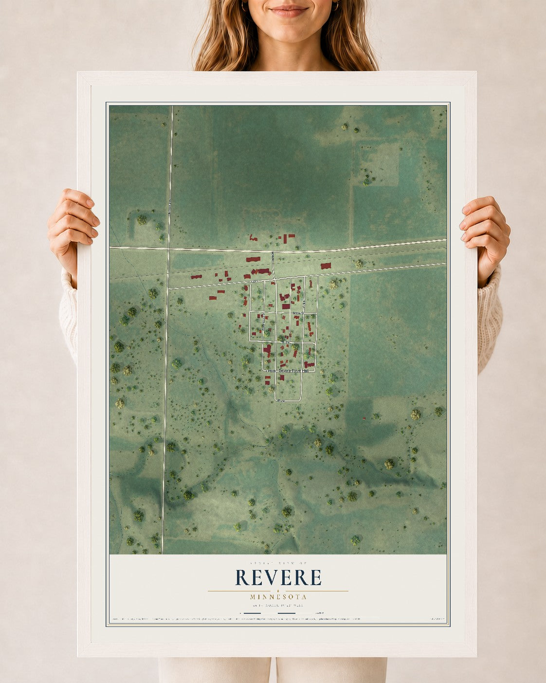Map of Revere, Minnesota, 24 x 36 inch print in a white wood frame