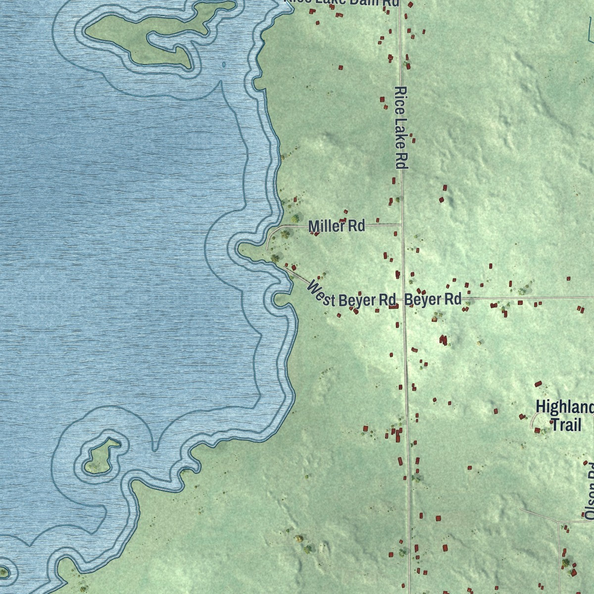 Second close-up of the map of Rice Lake, Minnesota print showing more streets and buildings