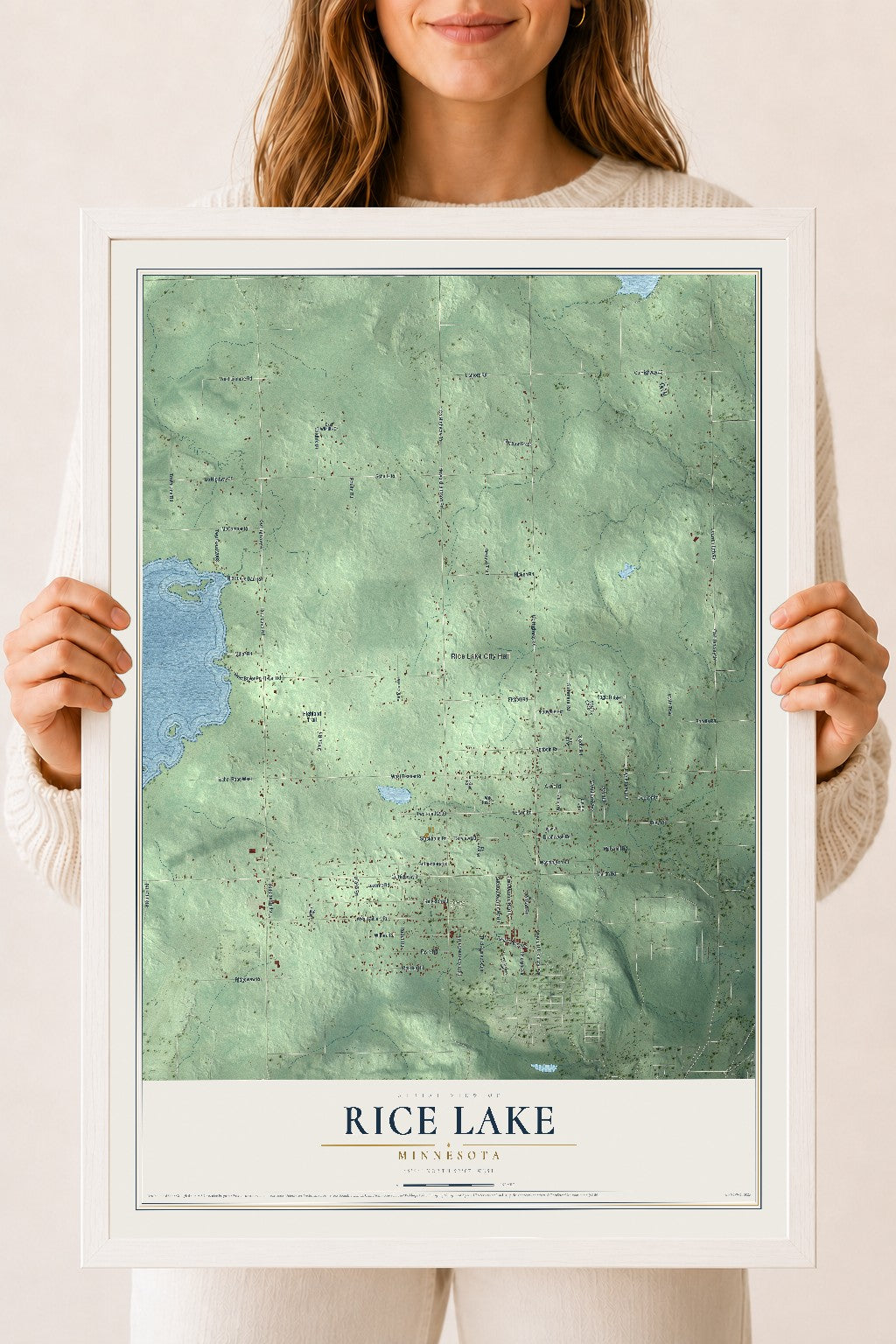 Map of Rice Lake, Minnesota, 18 x 24 inch print in a white wood frame