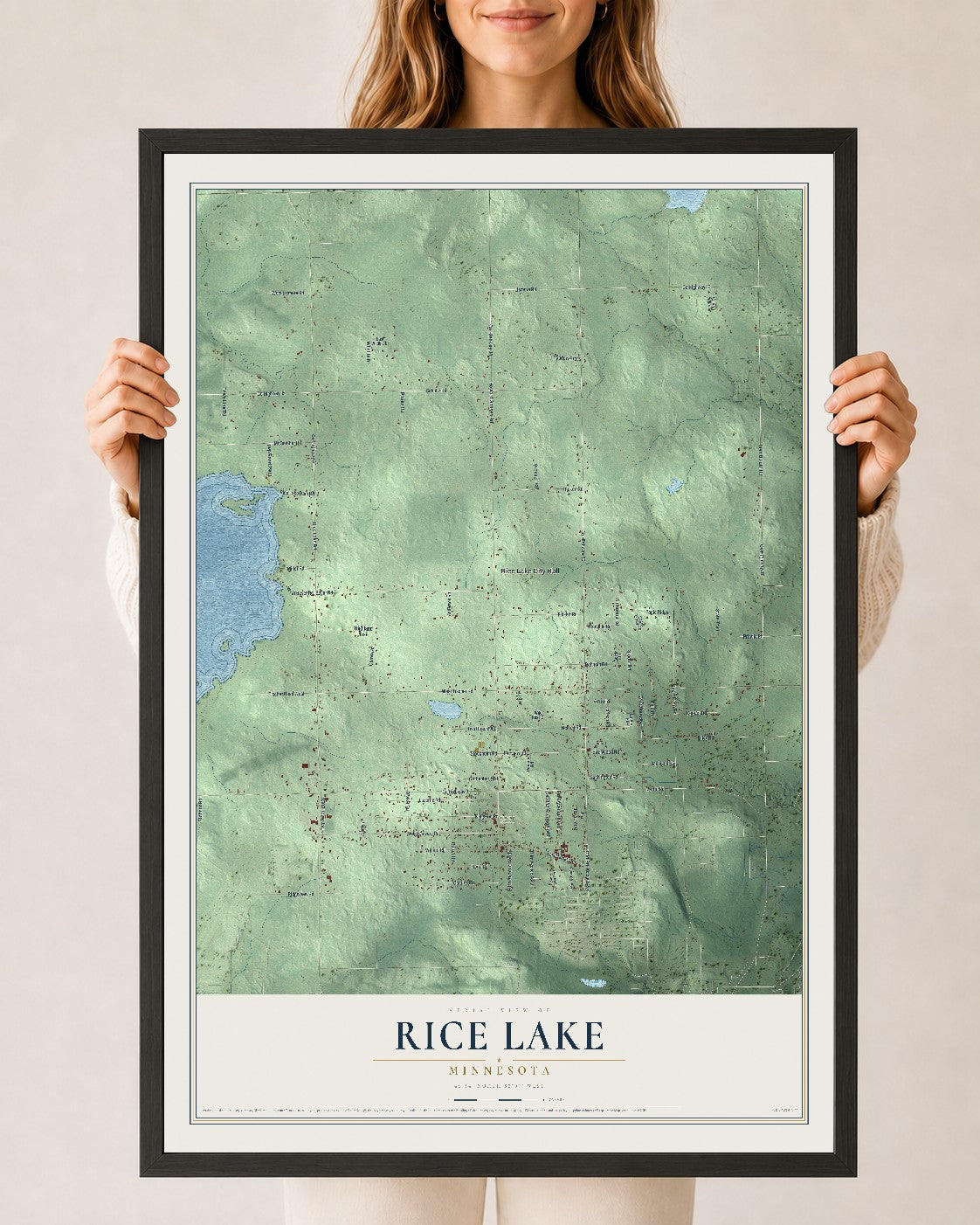 Map of Rice Lake, Minnesota, 24 x 36 inch print in a black wood frame