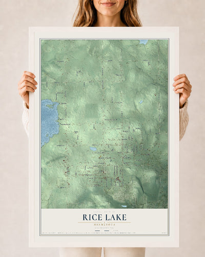 Map of Rice Lake, Minnesota, 24 x 36 inch print in a white wood frame