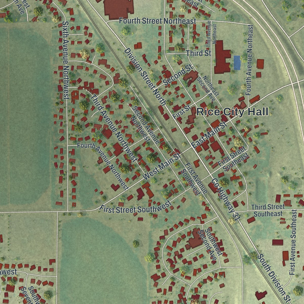 Close-up of the map of Rice, Minnesota print showing street and building detail