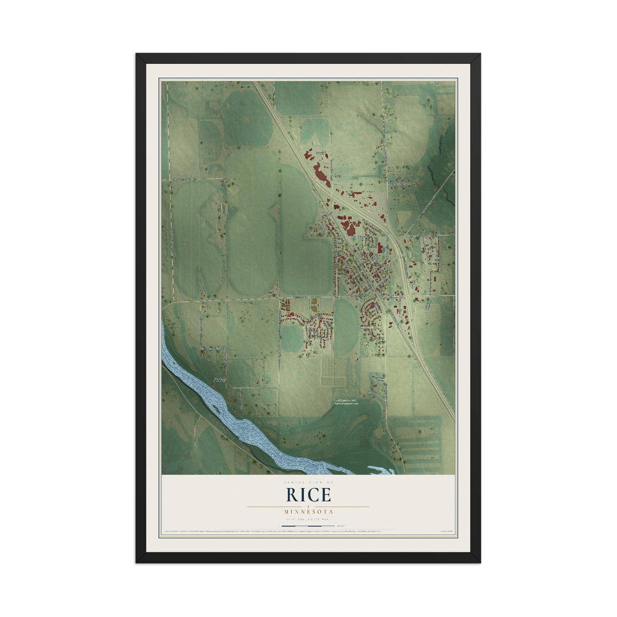 Map of Rice, Minnesota, 12 x 18 inch print in a black wood frame