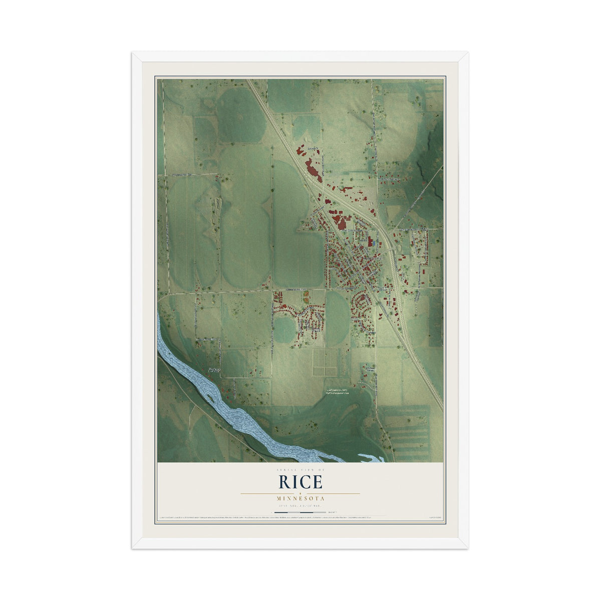 Map of Rice, Minnesota, 12 x 18 inch print in a white wood frame