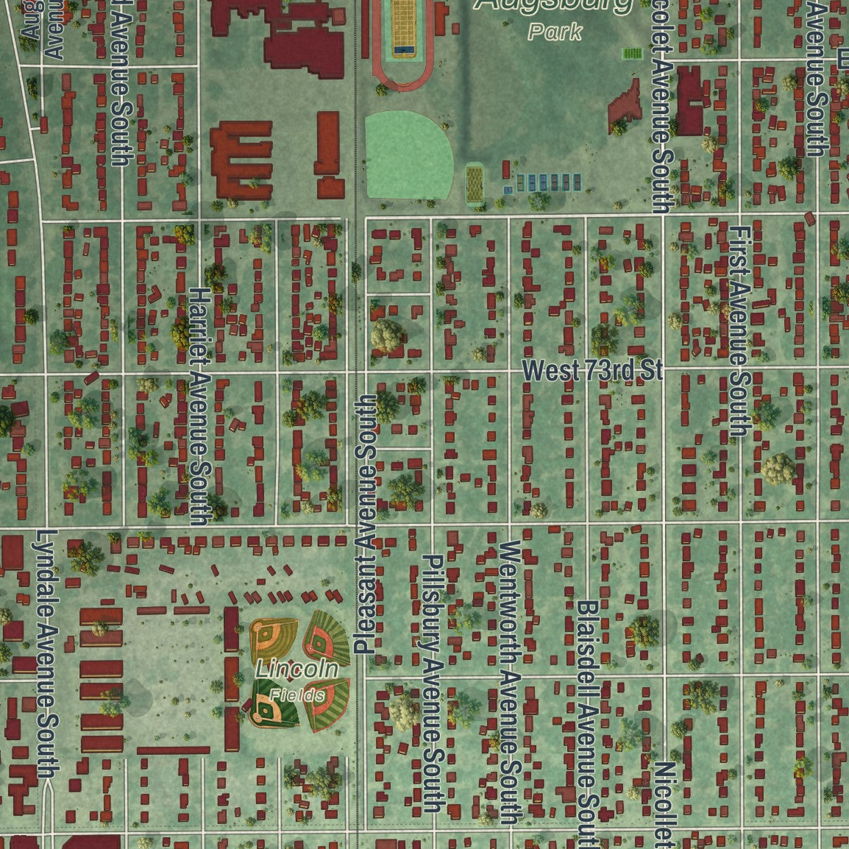 Second close-up of the map of Richfield, Minnesota print showing more streets and buildings