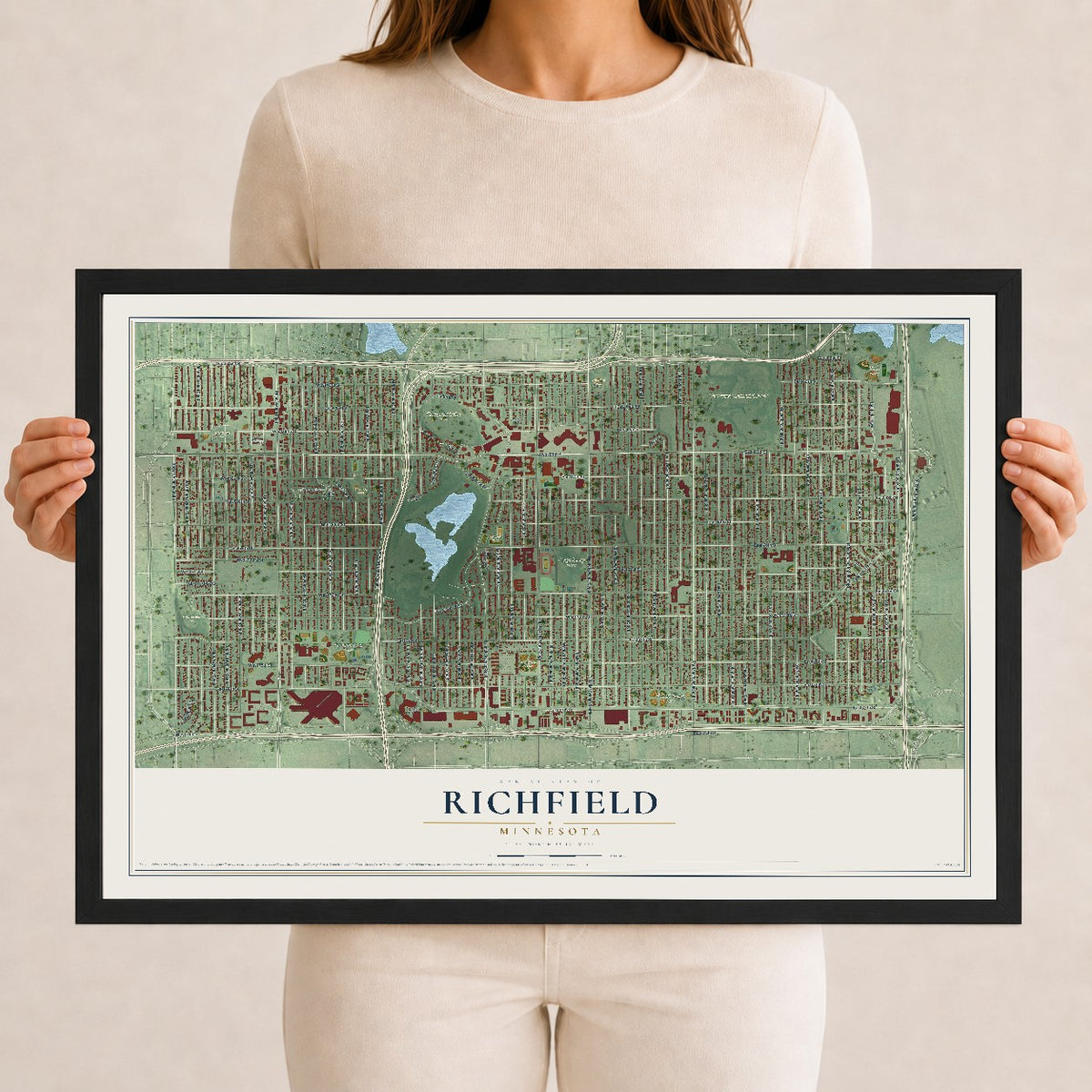 Map of Richfield, Minnesota, 12 x 18 inch print in a black wood frame
