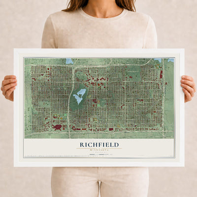 Map of Richfield, Minnesota, 12 x 18 inch print in a white wood frame