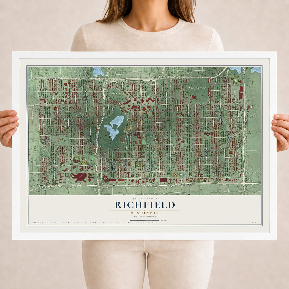 Map of Richfield, Minnesota, 18 x 24 inch print in a white wood frame