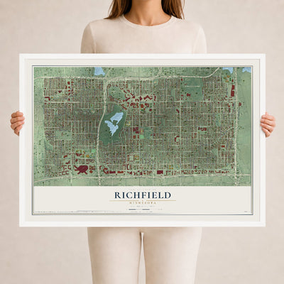 Map of Richfield, Minnesota, 24 x 36 inch print in a white wood frame